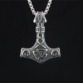 Vintage Thor's Hammer Mjölnir pendant with Valknut symbol on a thick box chain - Style A Valknut Pendant With Chain