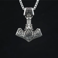 Vintage Thor's Hammer Mjölnir pendant necklace with Valknut symbol and Viking patterns - Style B Tiwaz Pendant With Chain