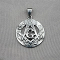 Polished stainless steel Freemason round pendant with Masonic compass and square icons - Pendant Only (No Chain)