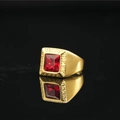Vintage herenring in goud met een vierkante rode edelsteen en Griekse patronen - Gouden Band Rode Edelsteen