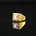 Vintage herenring goud met iriserende vierkante edelsteen en Grieks sleutelpatroon - Goudkleurig met meerkleurige strassteen