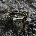 Bracciale multistrato retrò da uomo con onice, perle occhio di tigre e cuoio - Chiusura Argentata