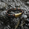 Bracciale da uomo a doppio strato con pietre occhio di tigre e cuoio intrecciato nero e oro - Oro