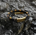 Bracciale multistrato da uomo in occhio di tigre e pelle con chiusura magnetica dorata - Chiusura Dorata