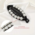 Detailed close-up showing pearls and rhinestones on the handmade banana hair clip - 11cmx3cm