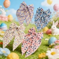 Set of four colorful Easter bunny and egg pattern bow hair clips with long ribbon tails - Set