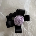Elegant satin hair scrunchie with lavender rose flower and black ribbon bow detail - Purple