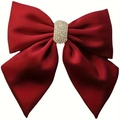 Elegant wine red satin bow hair clip with sparkling rhinestone centerpiece for women - Burgundy