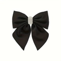Close-up of elegant black satin bow hair clip with luxury rhinestone buckle detail - Black