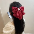 Elegante pinza para el pelo de satén burdeos con perlas blancas para peinado de mujer - Burdeos