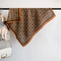 Elegant brown linen-cotton square scarf with geometric monogram patterns and contrast borders - 68*68cm / Brown