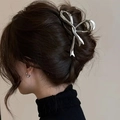 Silver metal bow hair claw clip styled on a woman's updo hairstyle with liquid metal finish - Bow Style A-2 / Silver