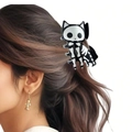 Pinza per capelli a forma di gatto teschio bianco e nero per acconciature di Halloween - Nero