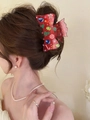 Pinza per capelli a fiocco natalizio rosso glitterato con motivi festivi su modella - Stile Stampato Pupazzo di Neve Natalizio (HJF609) / Rosso