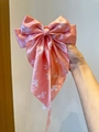 Rosa Satin-Haarspange mit weißem Schleifenmuster und langen Bändern für Damen - Rosa