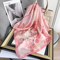 Close-up of pink floral silk scarf draped on a frame with artistic magazine background - Pink / 70*70cm