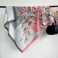Close-up of elegant floral silk scarf with pink and grey tulip patterns on white - Gray Pink (90SRFJ010-2)