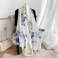 Ink floral silk shawl with blue and yellow watercolor print on white summer beach wrap - Light Blue