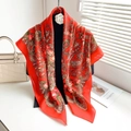Detail of red paisley velvet scarf with rose patterns and camellia brooch accessory - Paisley Rose Print With Camellia Brooch / Bright Red (110RZW008-6)