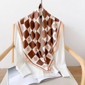 Brown and white checkered satin scarf with S logo draped on a white shirt and chair - 90x90cm / Coffee (90FJ205-4)