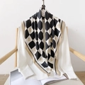 Detail of silk-texture checkered scarf with gold letter print on white shirt - 90x90cm / Light Coffee (90FJ205-3)