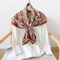 Elegant brown and white abstract print silk scarf styled on a white long sleeve shirt - 90x90cm / Coffee
