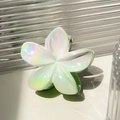 Iridescent plumeria flower hair claw clip with pearlescent finish and green base - Flower-2 (Iridescent White Green Heart)