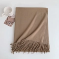 Detailed texture of thick camel cashmere-like scarf with soft tassels on white background - 185x70cm / Khaki