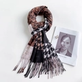 Close-up of houndstooth and leopard print scarf with soft tassels and color blocking - Dark Brown / 185*65cm