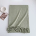 Detailed view of sage green scarf with soft knitted texture and decorative fringe trim - 185x70cm / Matcha Green