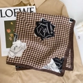 Houndstooth square scarf with rose print accessory shown on a khaki shirt background - Ivory White - Dark Brown Houndstooth Rose