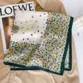 Elegant herringbone printed small square scarf with floral pattern and artistic portrait - Green and White Floral Portrait Style (RZW068-2)