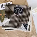 Houndstooth square scarf with white rose print and silk-like finish for women - Off White - Khaki Black Houndstooth Monochrome Rose