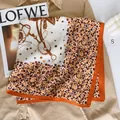 Detail of equestrian print silk scarf with orange hem and vintage floral patterns - Orange Brown Equestrian Pastoral Style (RZW068-4)