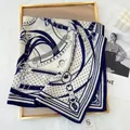 Classic blue and white chain pattern square scarf with equestrian motifs on gold frame - Blue