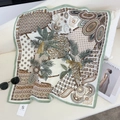 Elegant herringbone print silk scarf featuring exotic leopard and palm tree patterns - 68*68cm / Cyan (68RZW75-5)