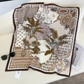 Detail of square silk scarf with leopard and tropical palm patterns on white sofa - 68*68cm / Brown (68RZW75-3)