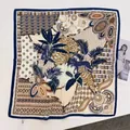 Detail of square silk scarf featuring leopard and palm prints with blue geometric border - 68*68cm / Blue (68RZW75-4)