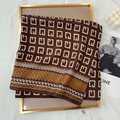 Detail view of a vintage geometric pattern scarf with silk texture in brown and white - Coffee (68RZW96-2) / 68*68cm