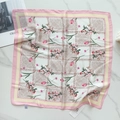 Detail of square silk-like scarf featuring pink tulip floral pattern and plaid edges - Pink Tulip Plaid (58FJ92-3)