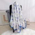 Elegant white silk scarf with purple and blue tulip floral print and solid blue borders - Blue
