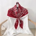 Elegant 90cm red silk scarf with white floral and bird patterns on a white shirt - 90x90cm / Red