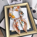Elegant floral silk-feel neck scarf in beige with orange flowers and satin finish - 70cmx70cm / Khaki