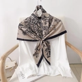 Elegant khaki silk scarf with black botanical print and contrast border detailing - 90x90cm / Khaki