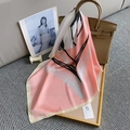 Elegant pink silk-style square scarf with abstract brush strokes tied on a handbag - 70x70cm / Pink