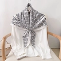 Elegant white chiffon shirt styled with black and white geometric silk scarf and camellia - 90*90cm / White