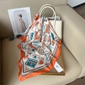 Silk-like square scarf with orange borders and handbag prints plus brand tag - Orange Yellow