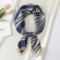 Elegant navy and beige zebra print silk scarf with satin finish and brand tag - 70x70cm / Navy Blue