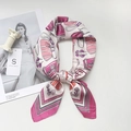 Chic pink floral silk scarf featuring handbag and sunglasses print for elegant styling - Rose Pink