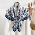 French vintage Toile de Jouy silk scarf featuring blue floral landscape patterns - Peacock Blue (Toile de Jouy)